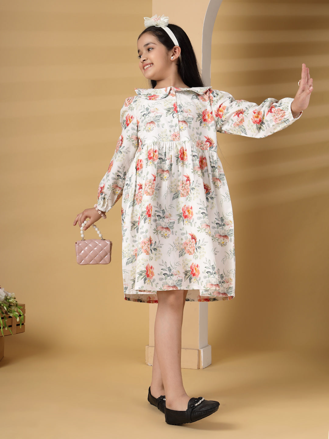 White Floral Long Sleeve Printed Dress