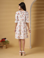 White Frill Detail Printed Dress