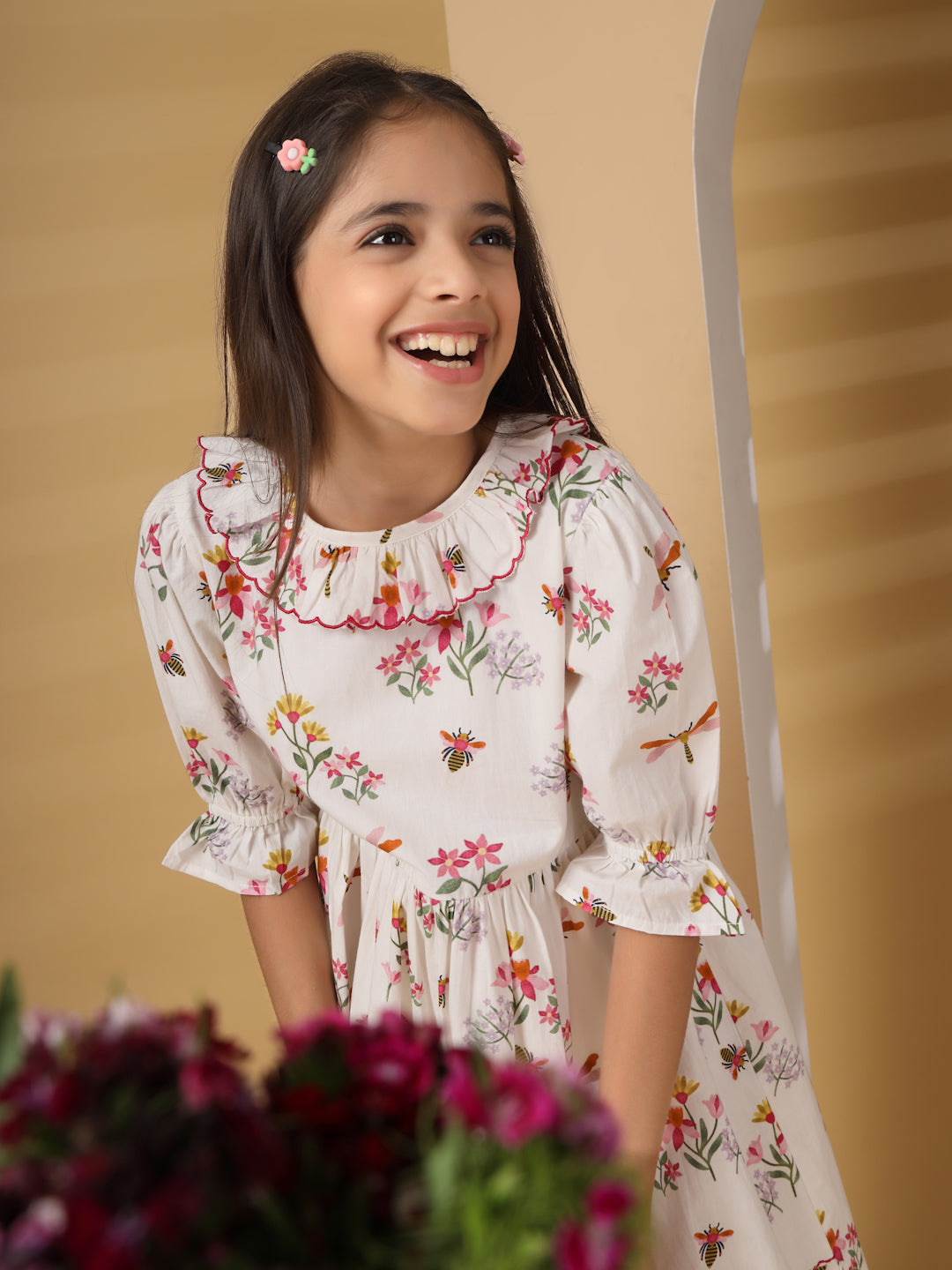 White Frill Detail Printed Dress