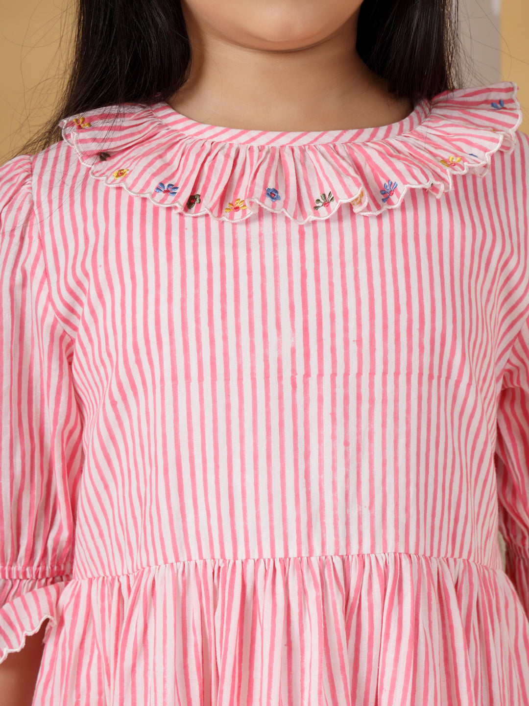 Pink Striped Embroidered Dress