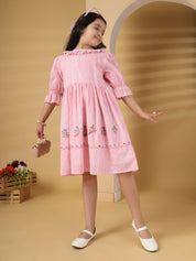 Pink Striped Embroidered Dress