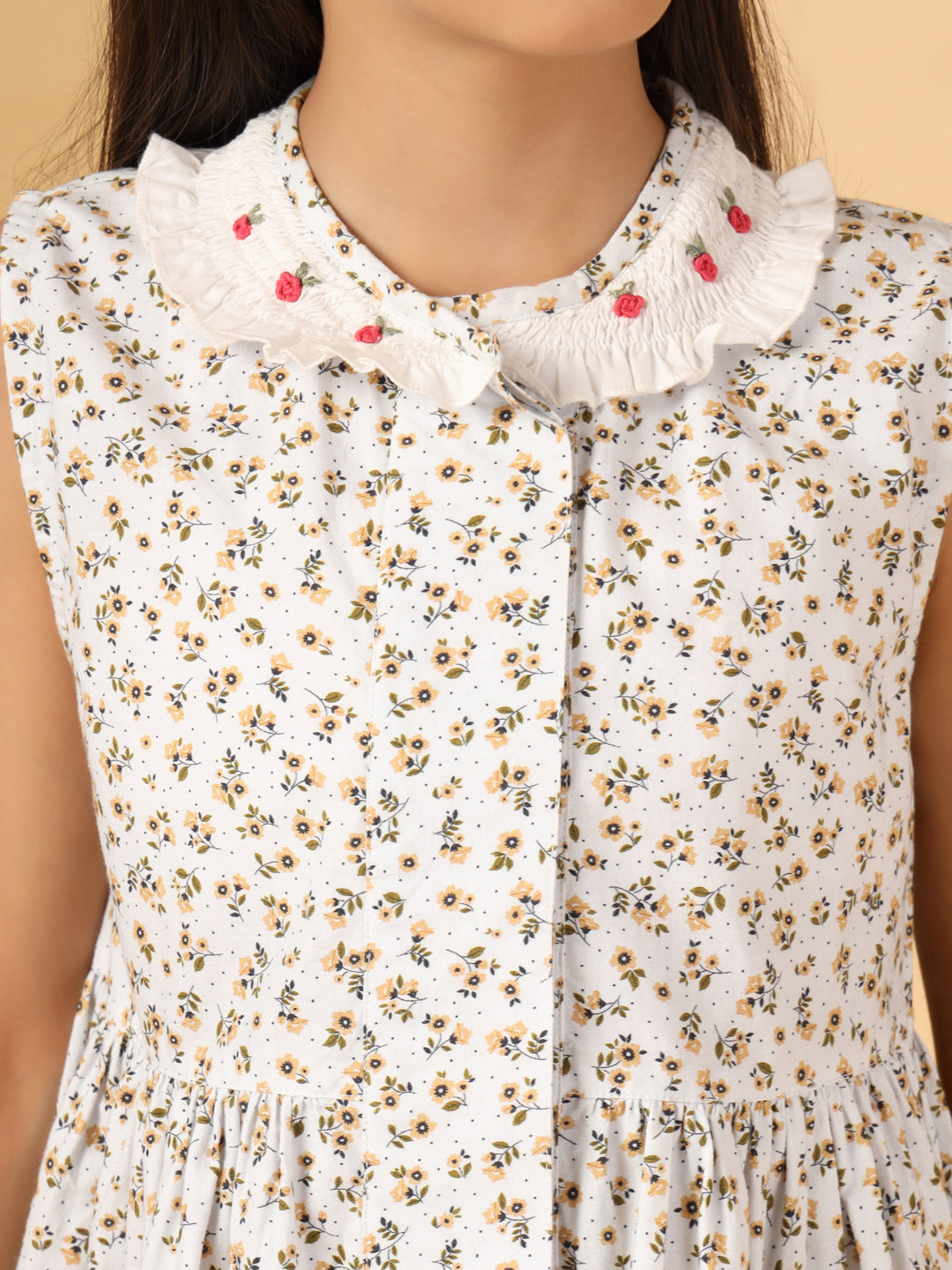 White Floral Print Embroidery Dress
