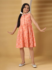Orange Print Collar Embroidery Detail Dress
