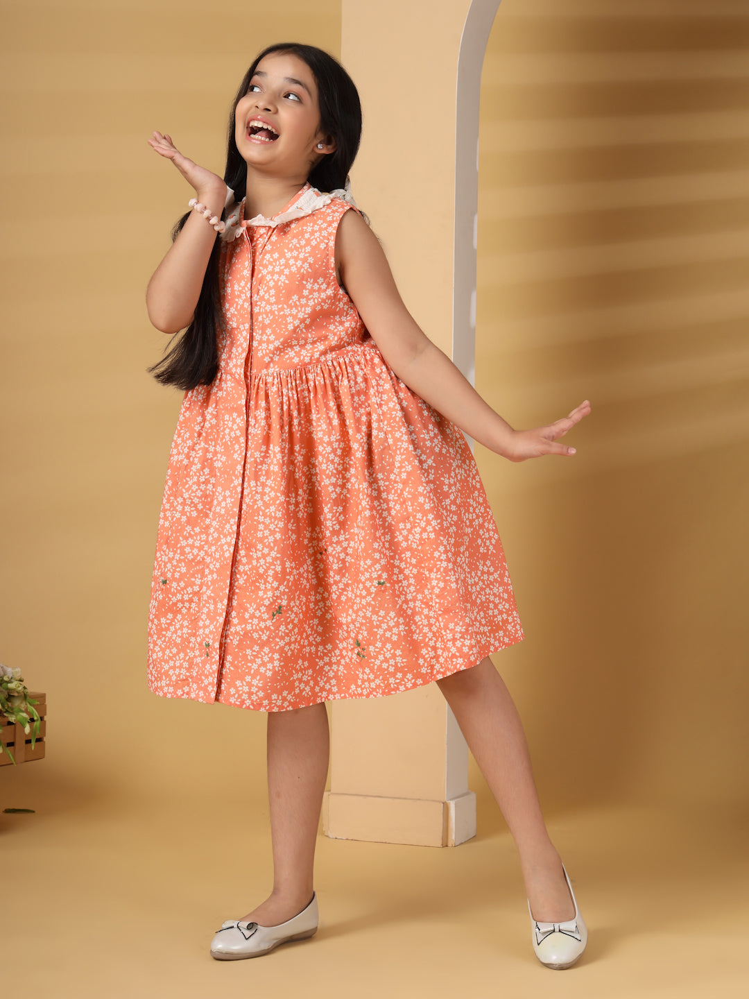 Orange Print Collar Embroidery Detail Dress