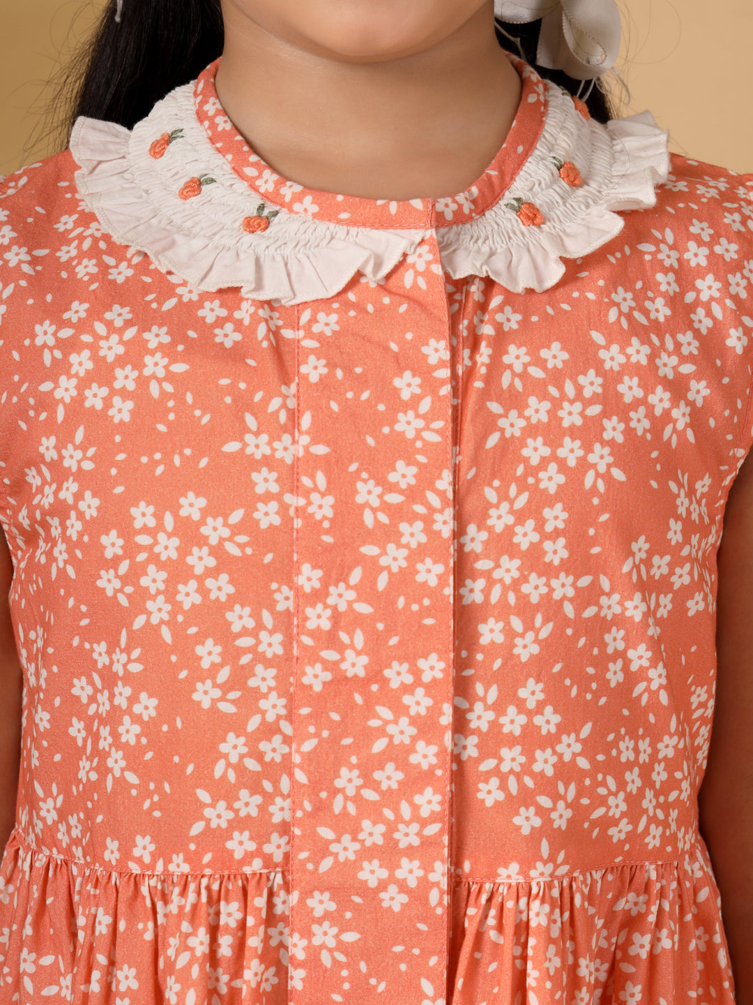Orange Print Collar Embroidery Detail Dress