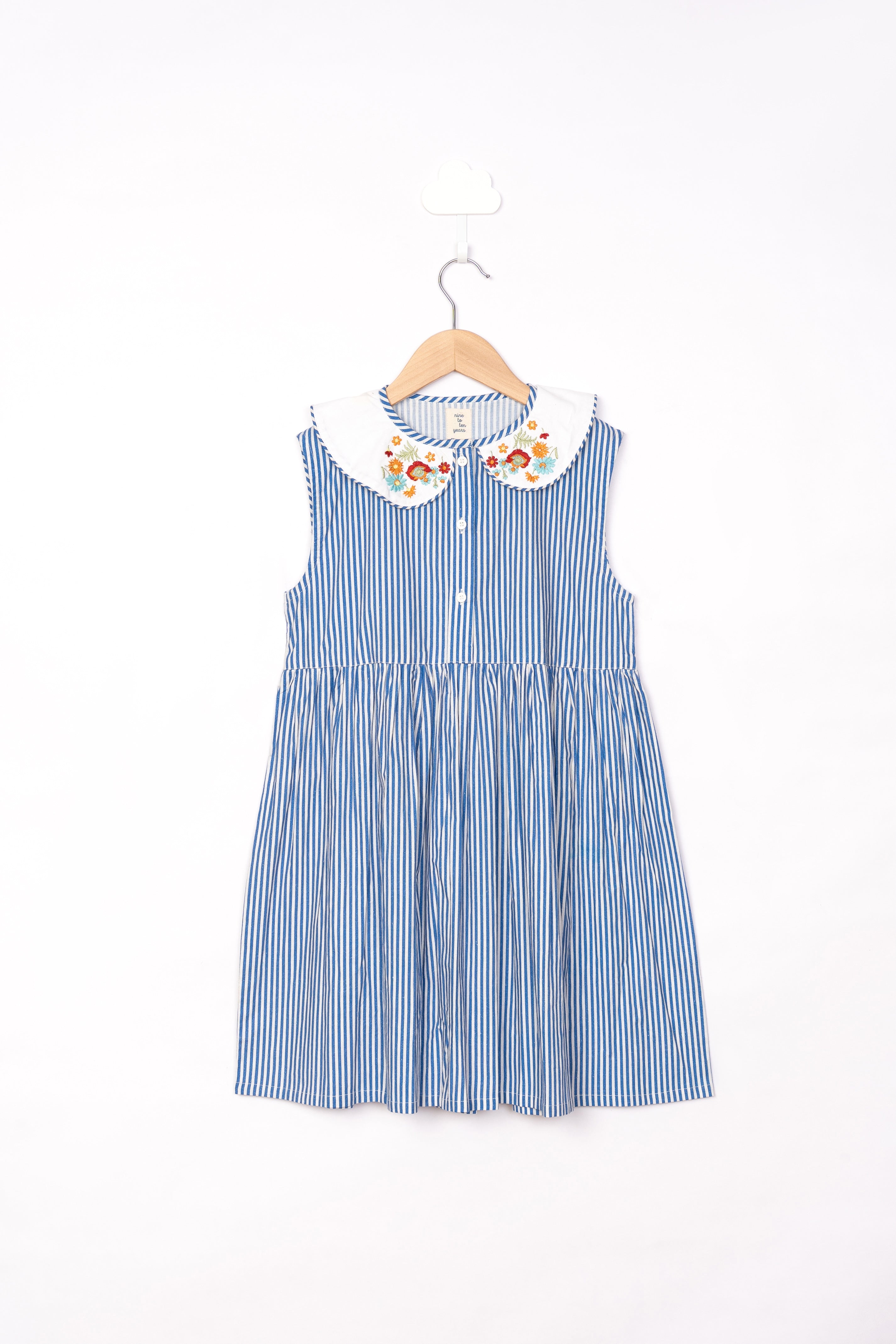 BLUE STRIPE AND EMBROIDERY COLLAR DRESS