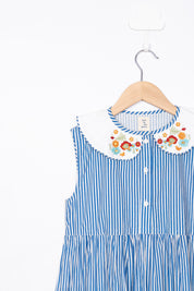 BLUE STRIPE AND EMBROIDERY COLLAR DRESS