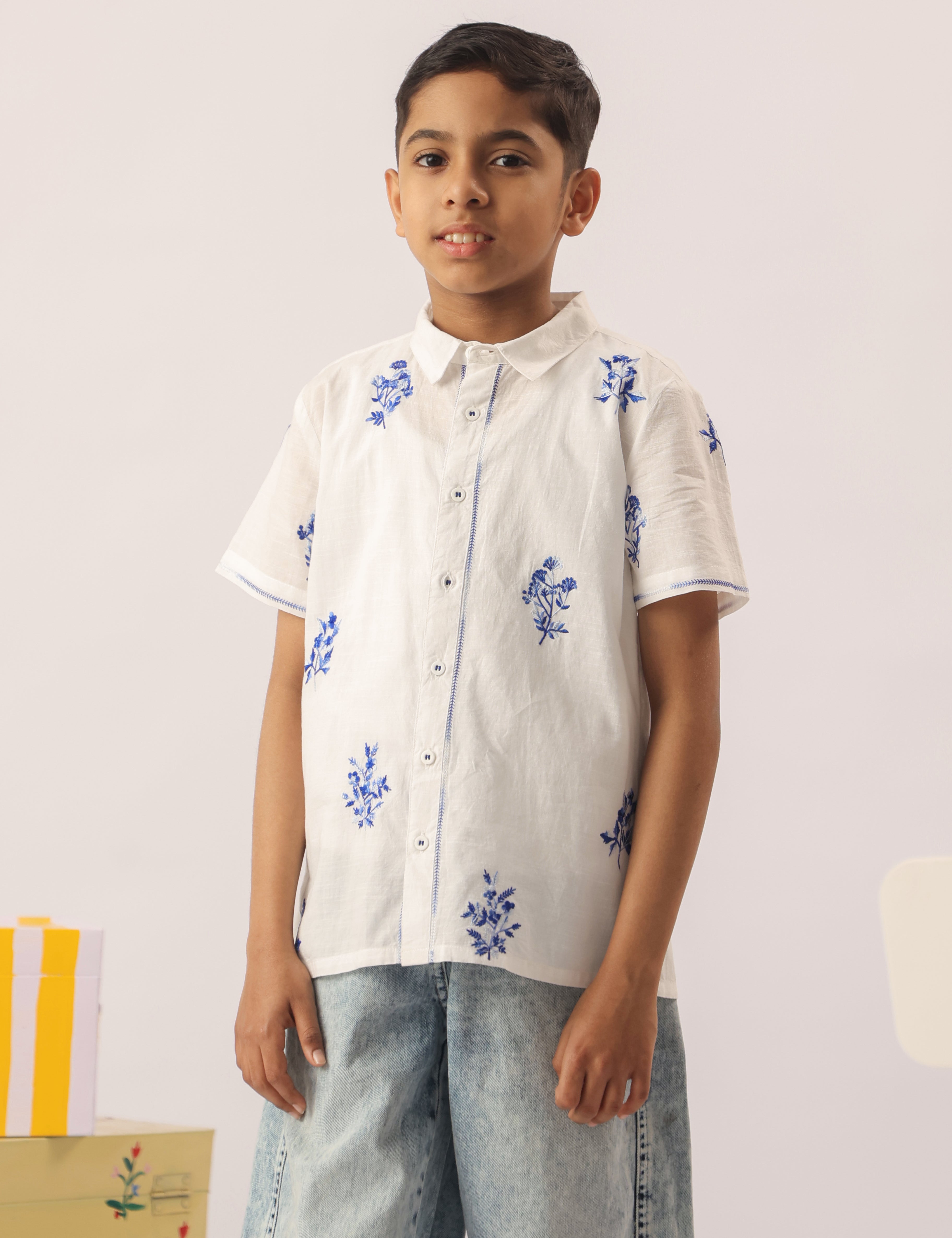 white floral embroidered shirt