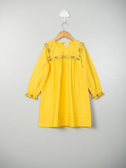 Yellow Pin Tuck and Embroidery Detail Dress