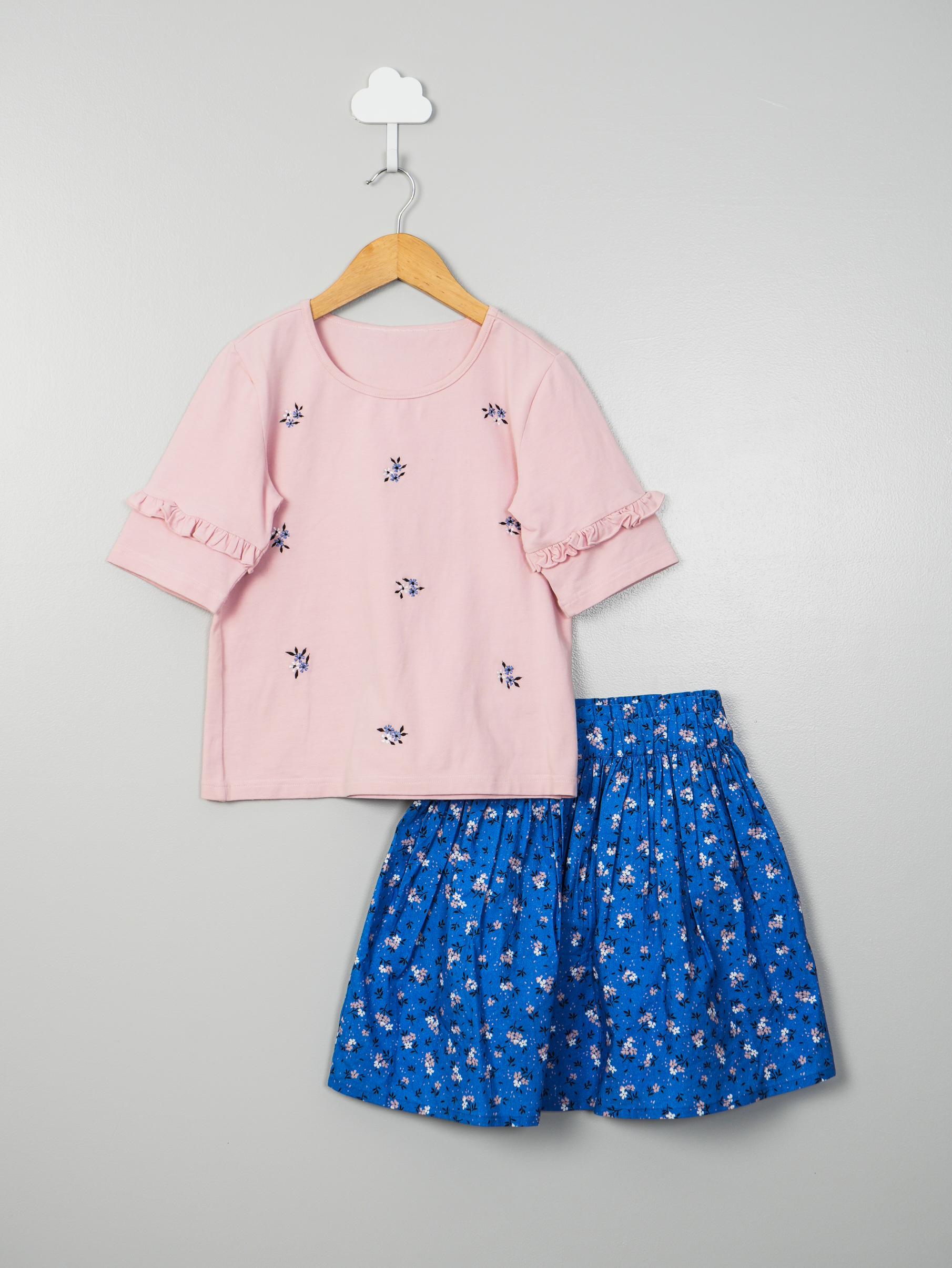 Pink & Blue Floral Skirt/Shorts Set