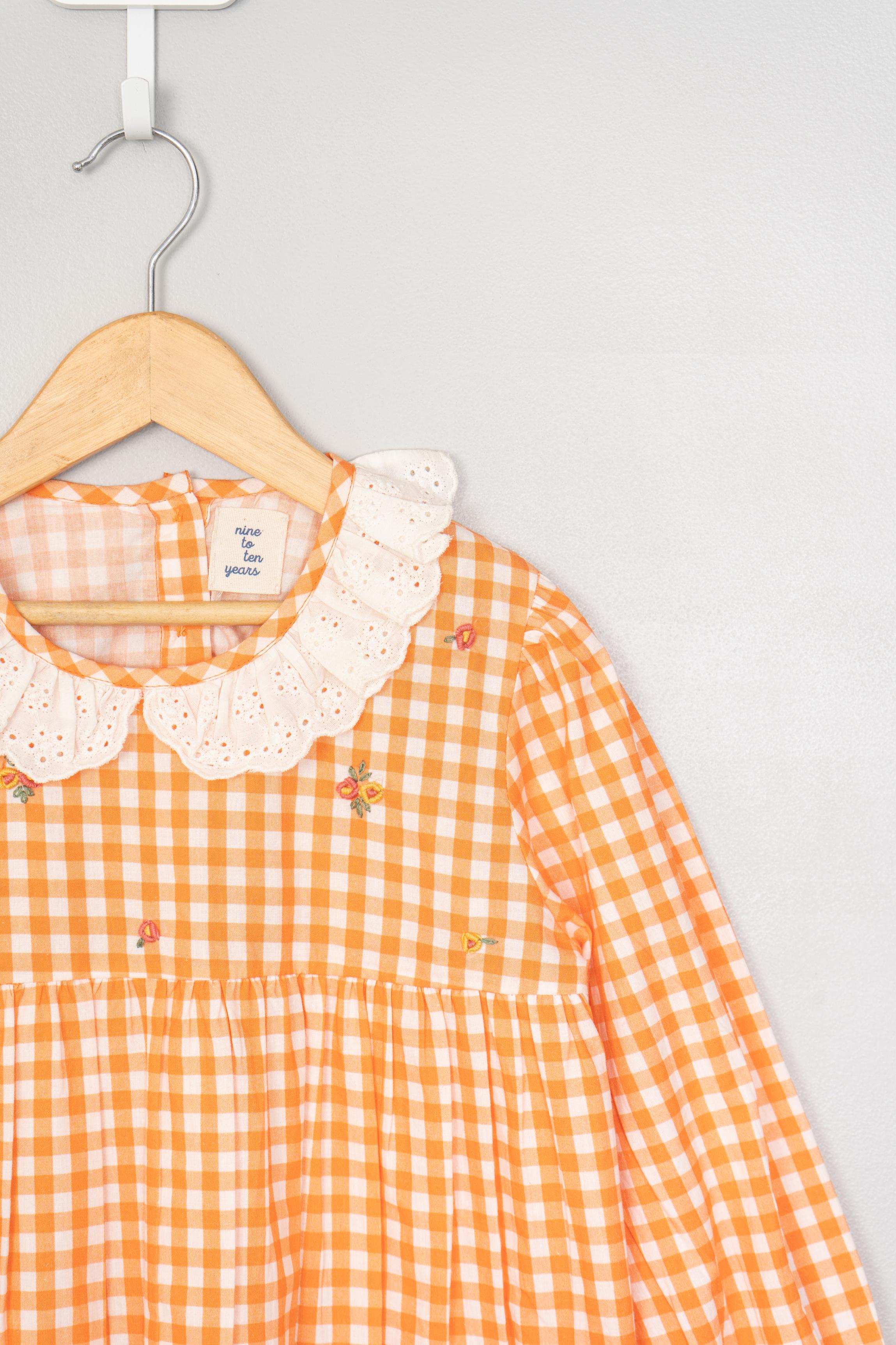 Orange Checks & Embroidery Blouse