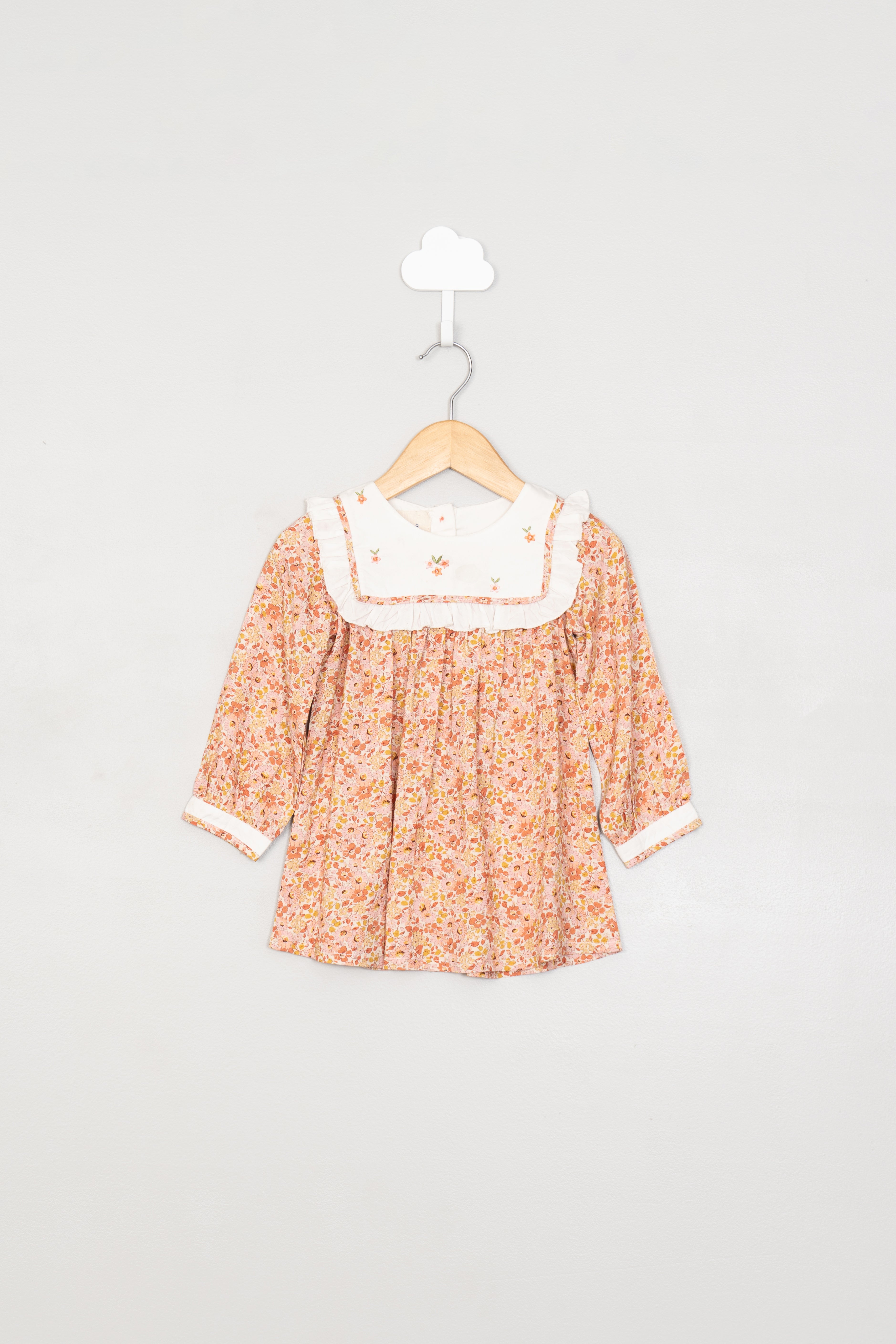 Orange Print & Embroidery Infant Dress