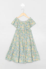 Green Garden Smocking Detail Dress