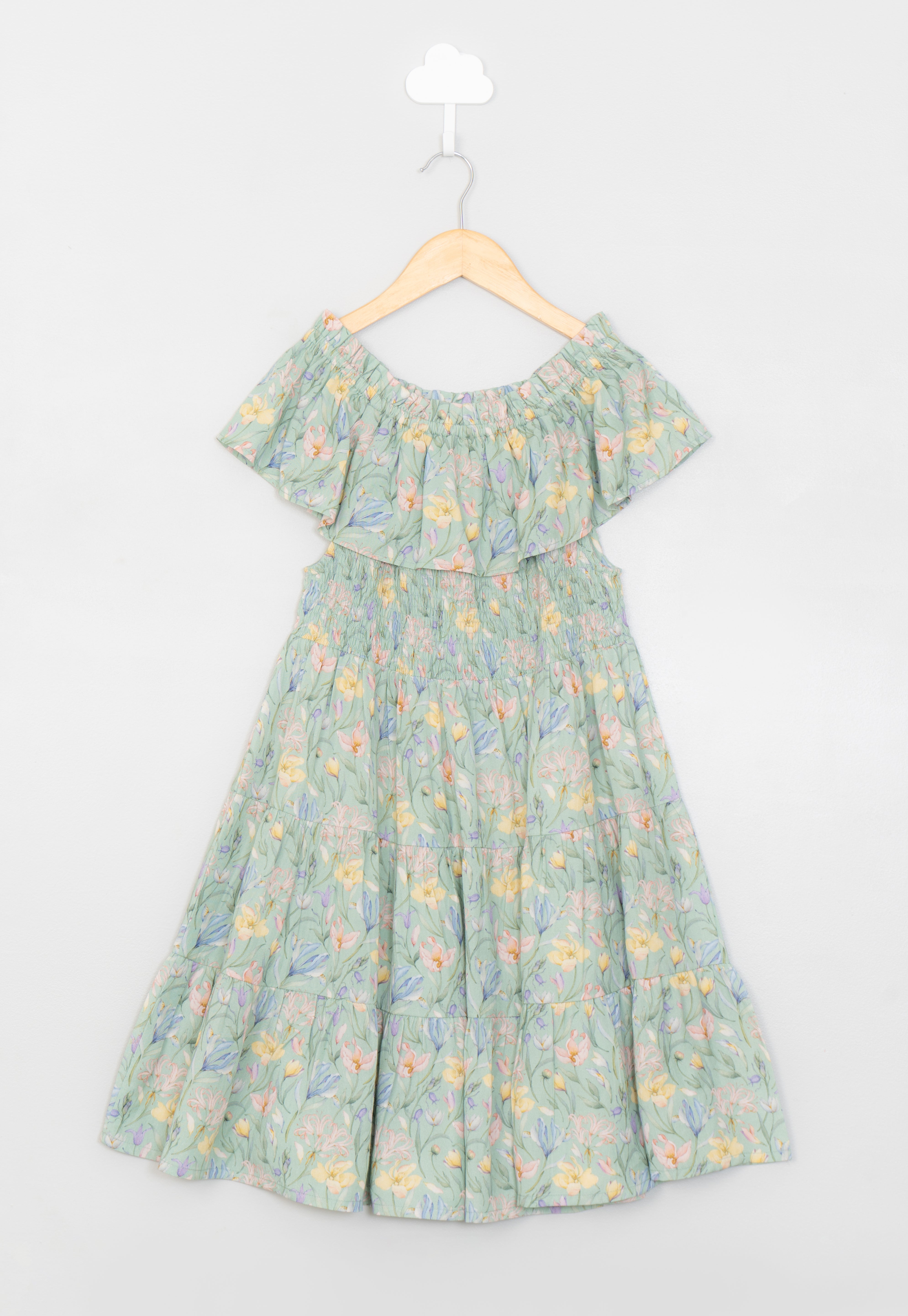 Green Garden Smocking Detail Dress