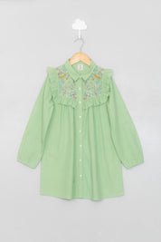 Florals on Green Embroidery Shirt Dress