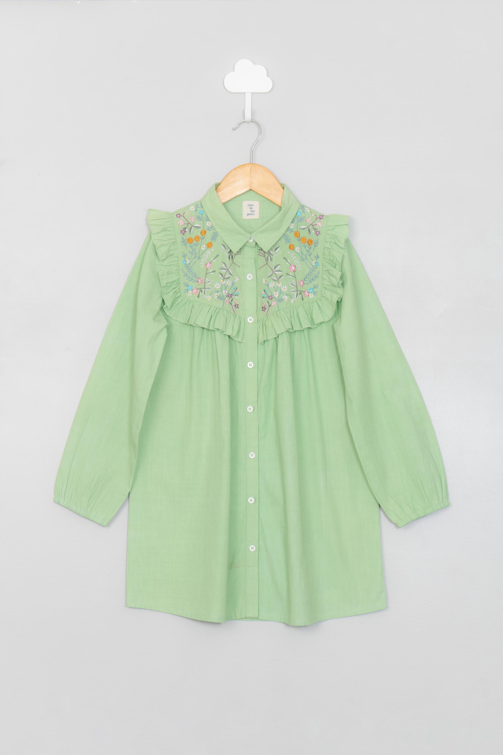 Florals on Green Embroidery Shirt Dress