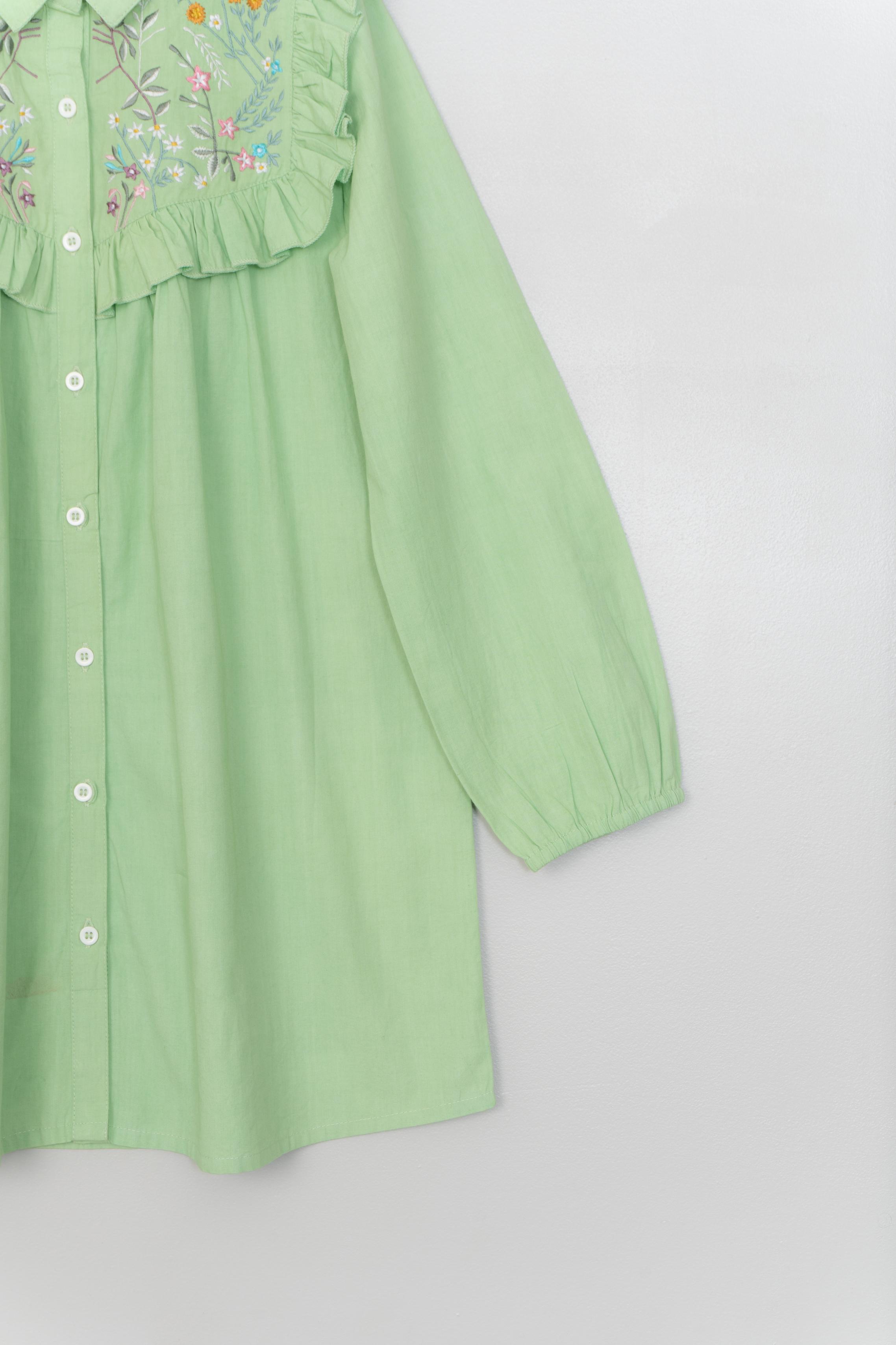 Florals on Green Embroidery Shirt Dress