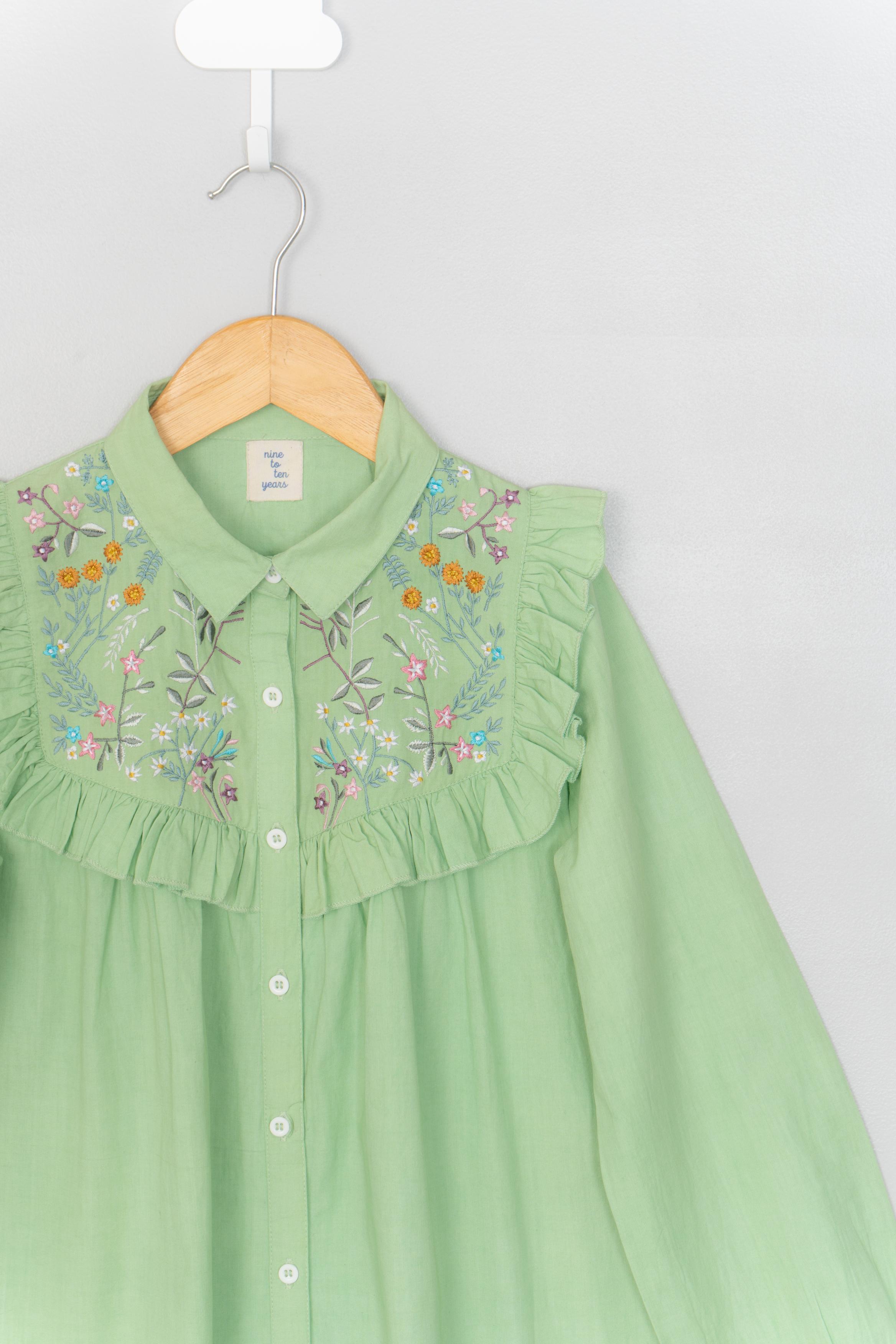 Florals on Green Embroidery Shirt Dress