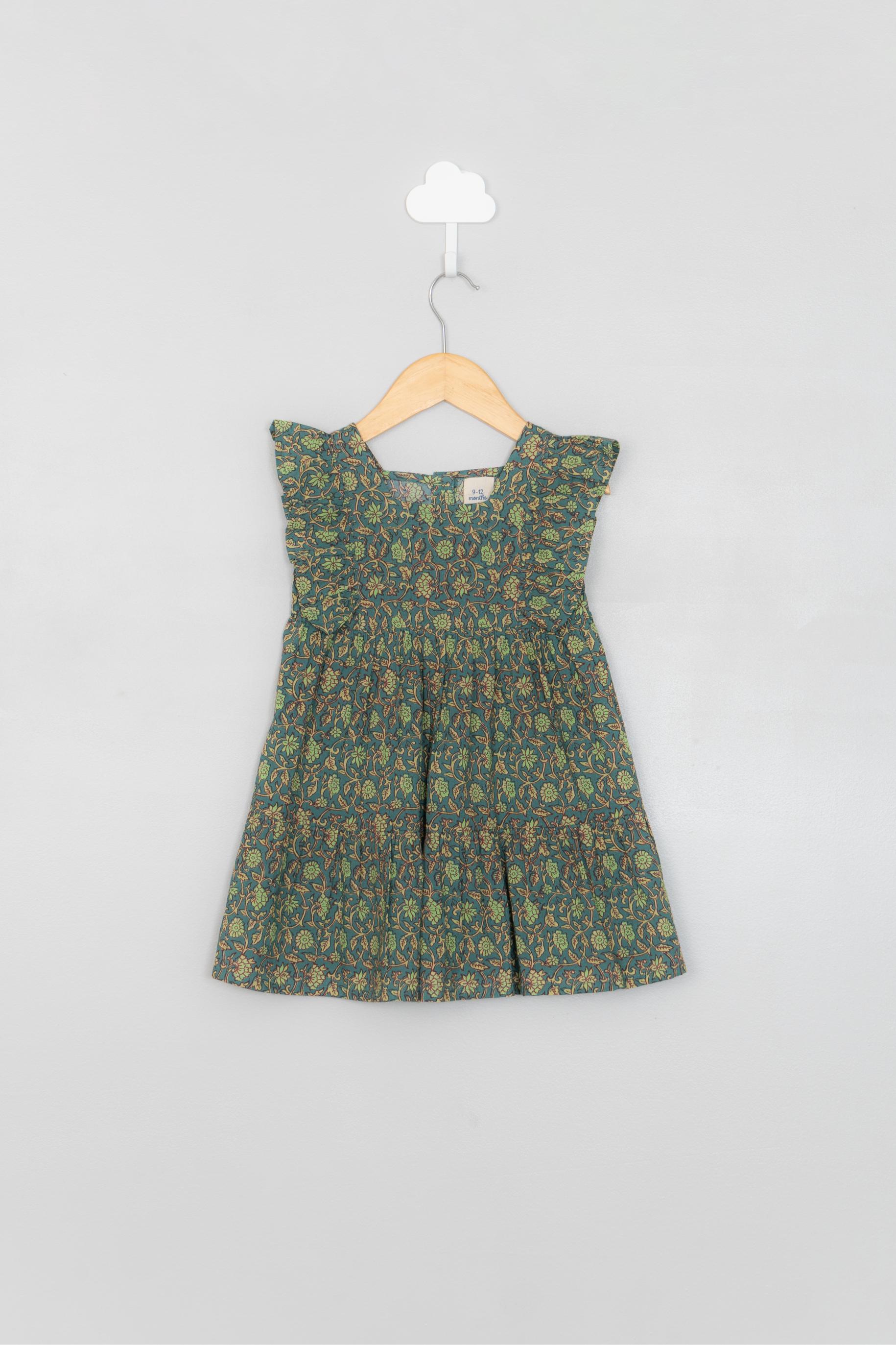 Green Block Print Infant Dress