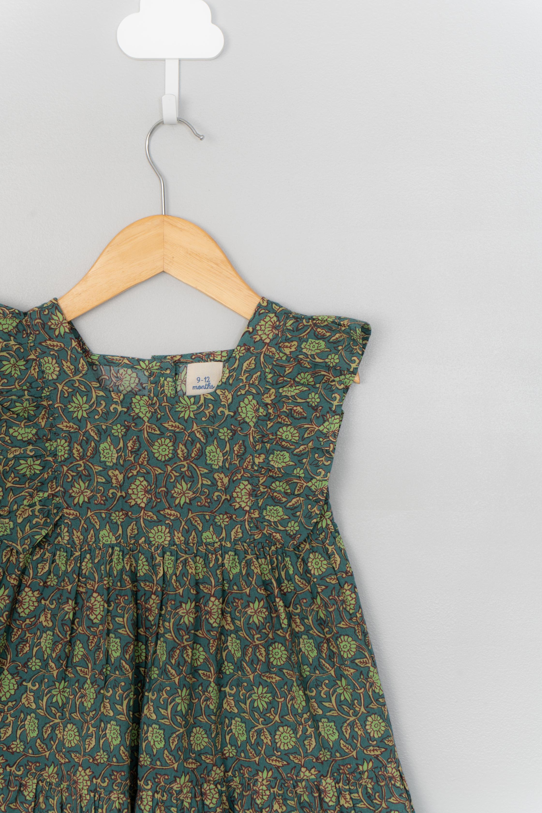 Green Block Print Infant Dress