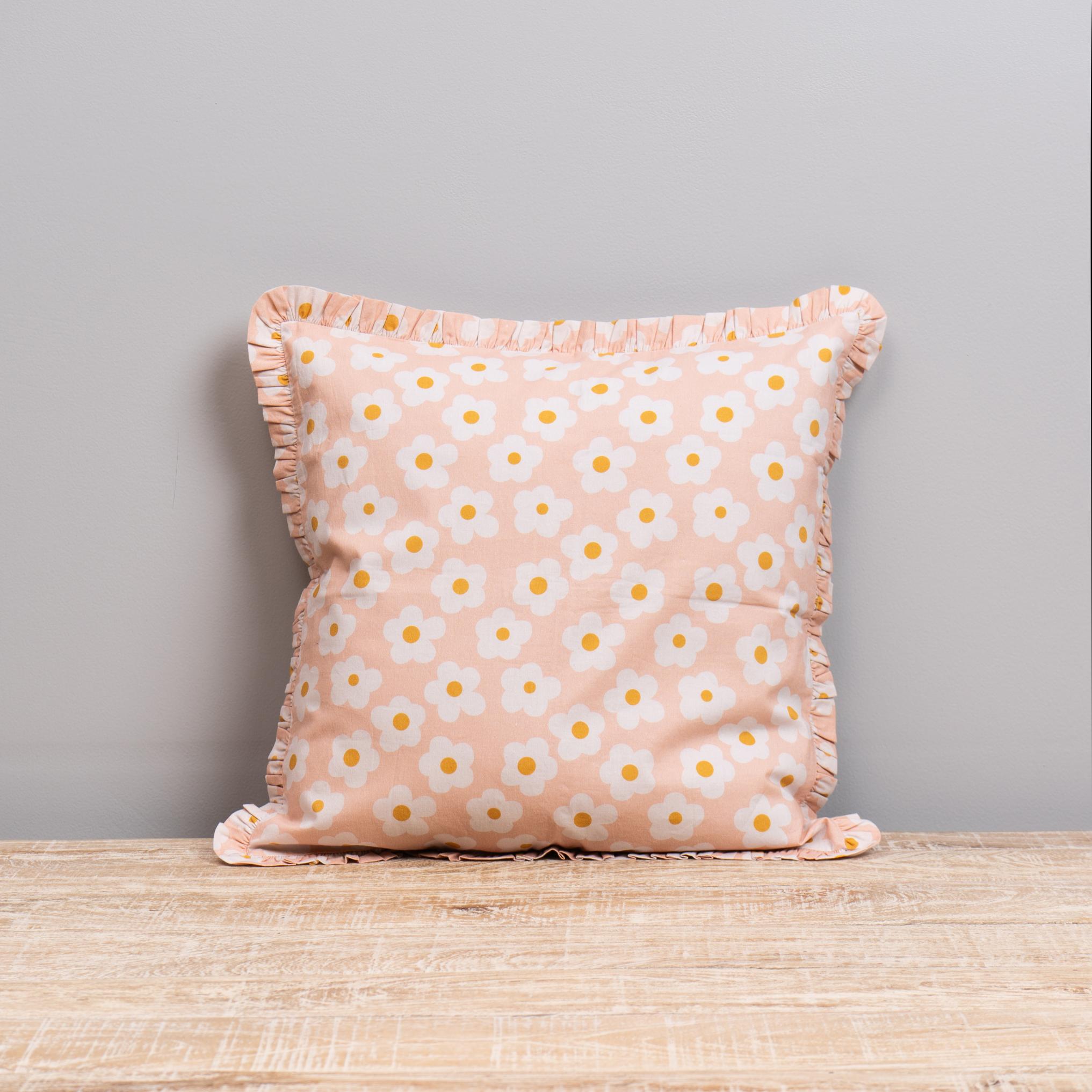 Floral Print Frill Cushion Cover in Coral