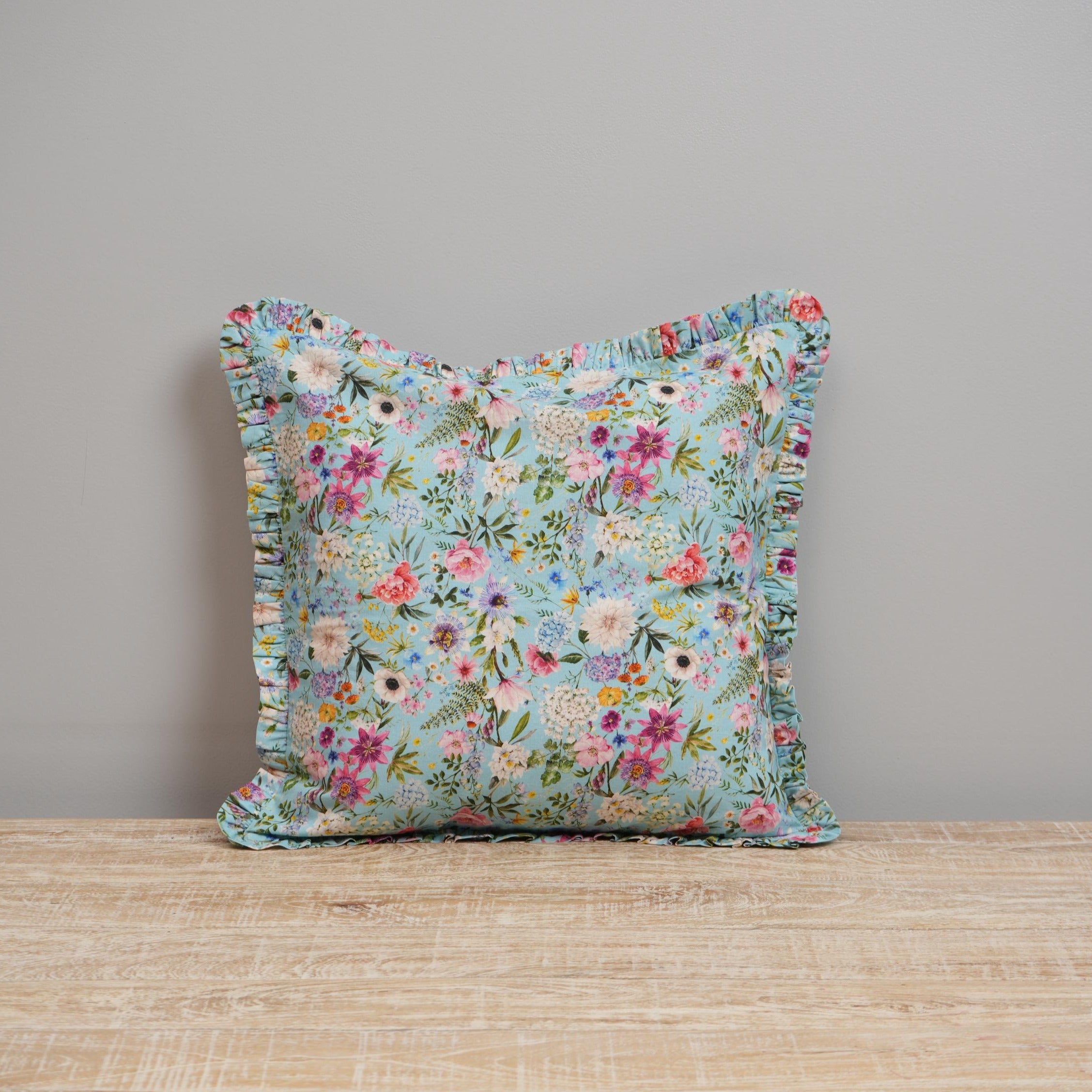 Floral Print Frill Cushion Cover in Blue