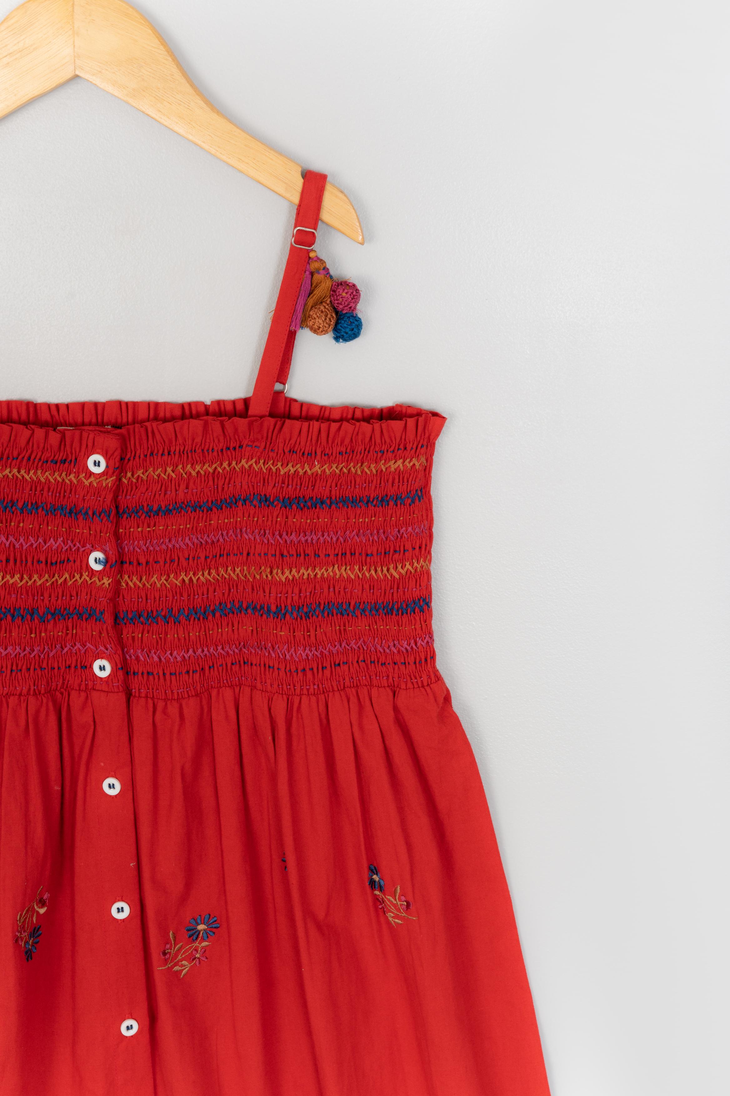 Red Tassel and Embroidery Detail Dress