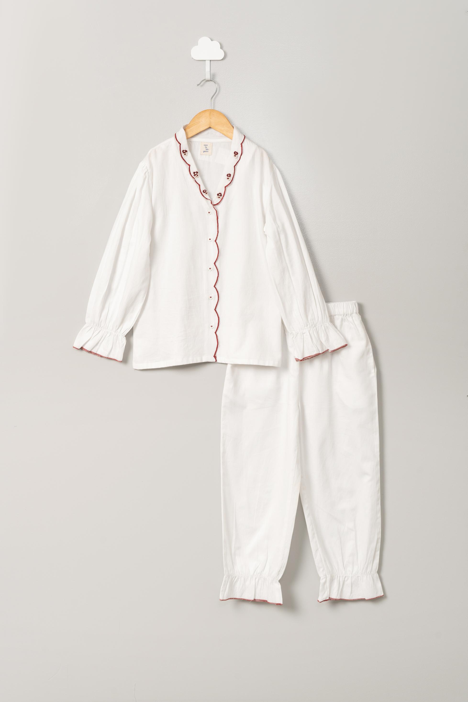 White Embroidery Girls Pyjama Set