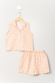 White Flowers on Pink Shorts Set