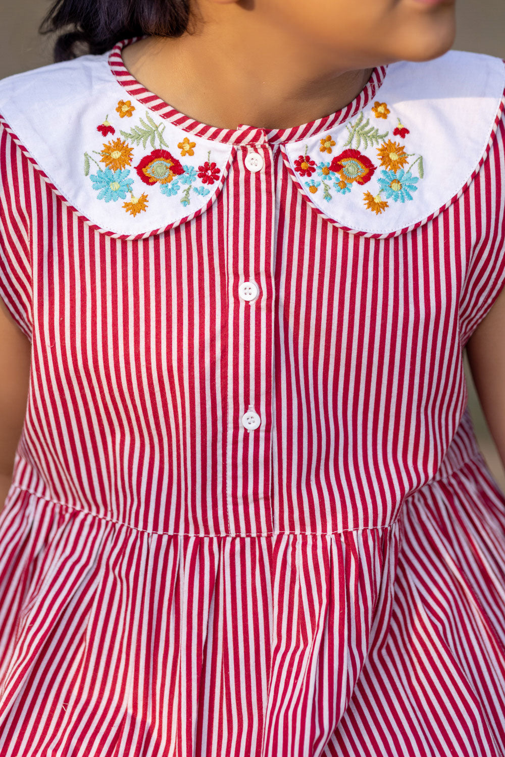 RED STRIPE AND EMBROIDERY COLLAR DRESS