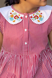 RED STRIPE AND EMBROIDERY COLLAR DRESS