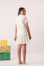 White Blue Embroidered Shirt Dress for Girls