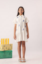 White Blue Embroidered Shirt Dress for Girls