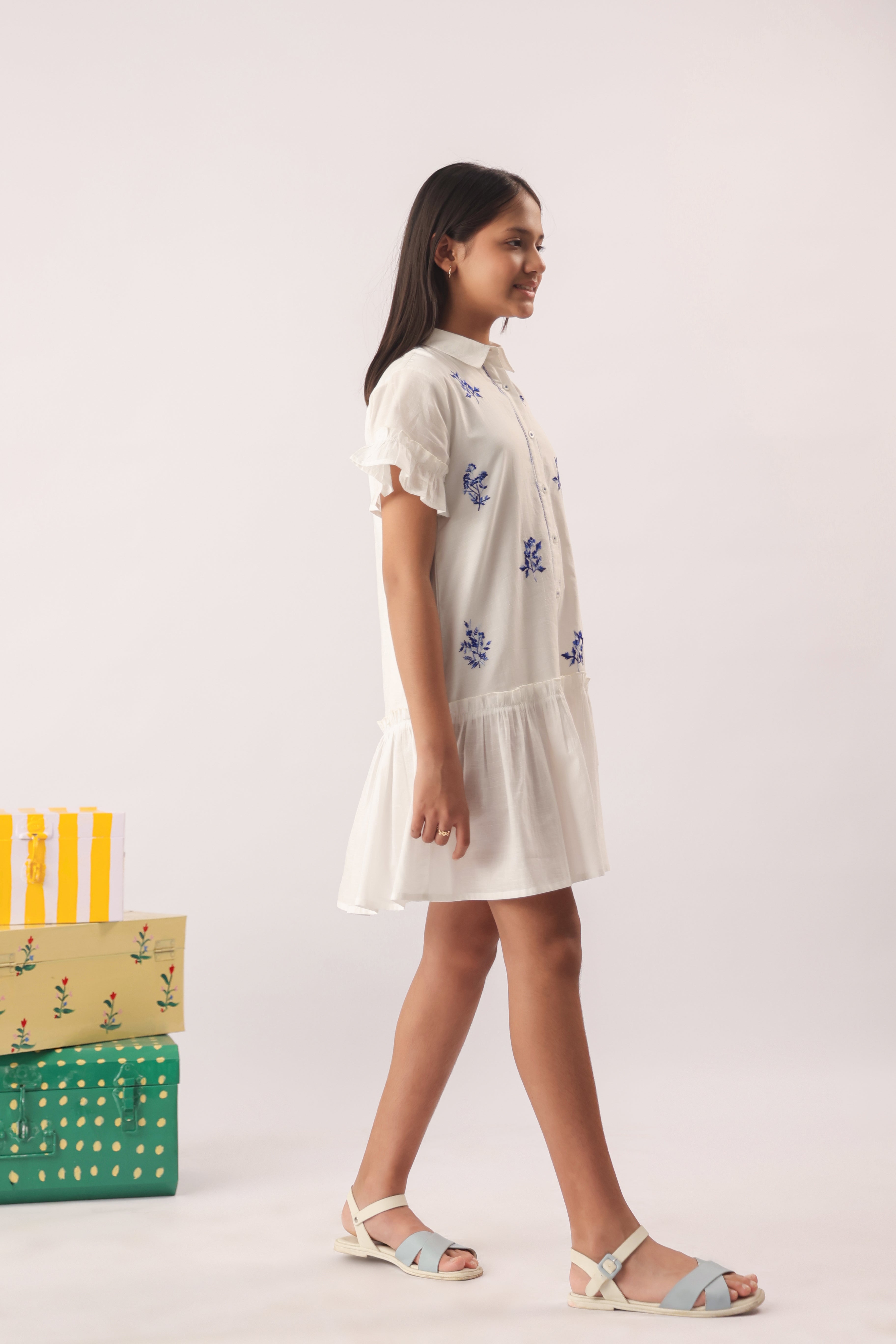White Blue Embroidered Shirt Dress for Girls