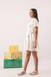 White Blue Embroidered Shirt Dress for Girls