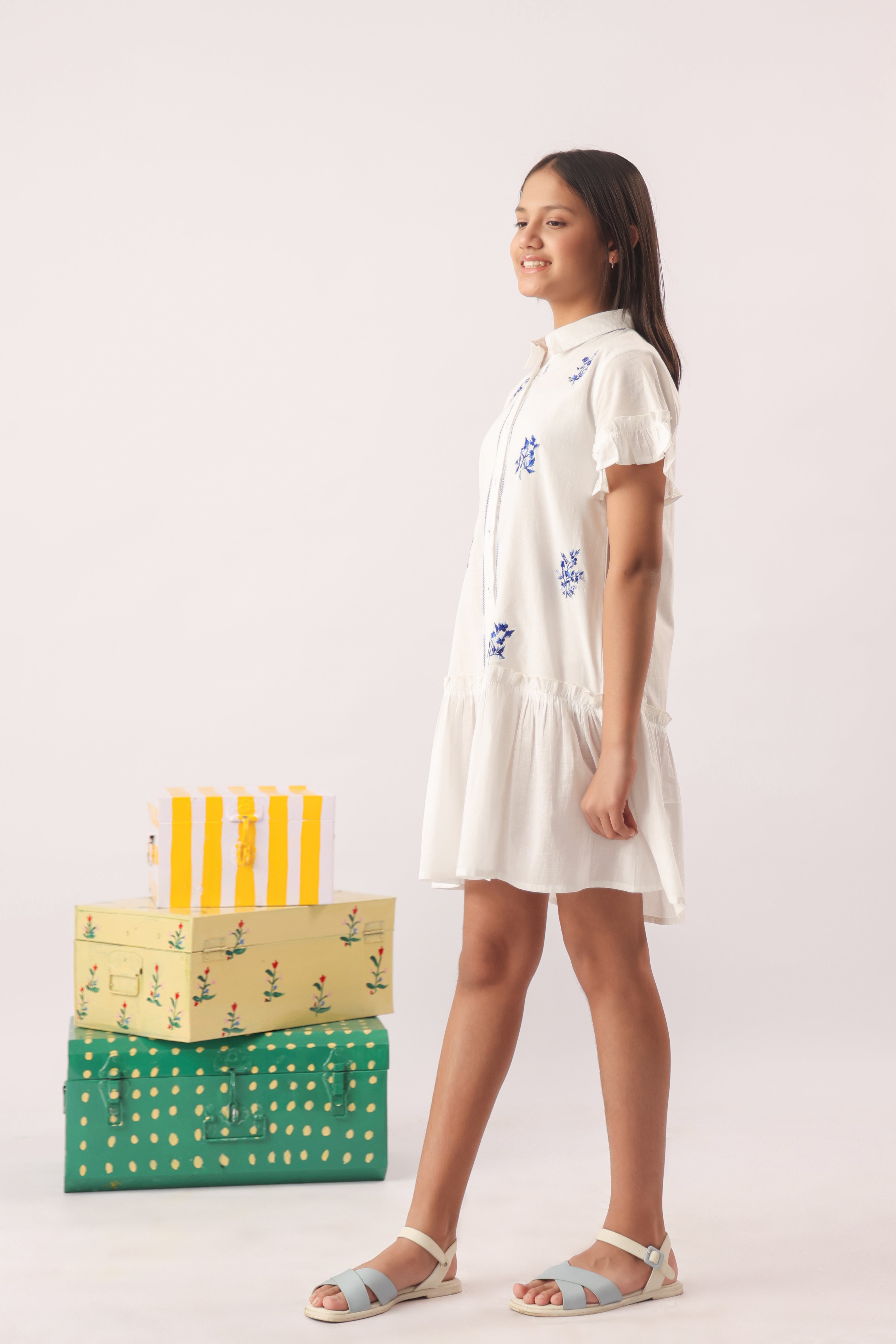 White Blue Embroidered Shirt Dress for Girls