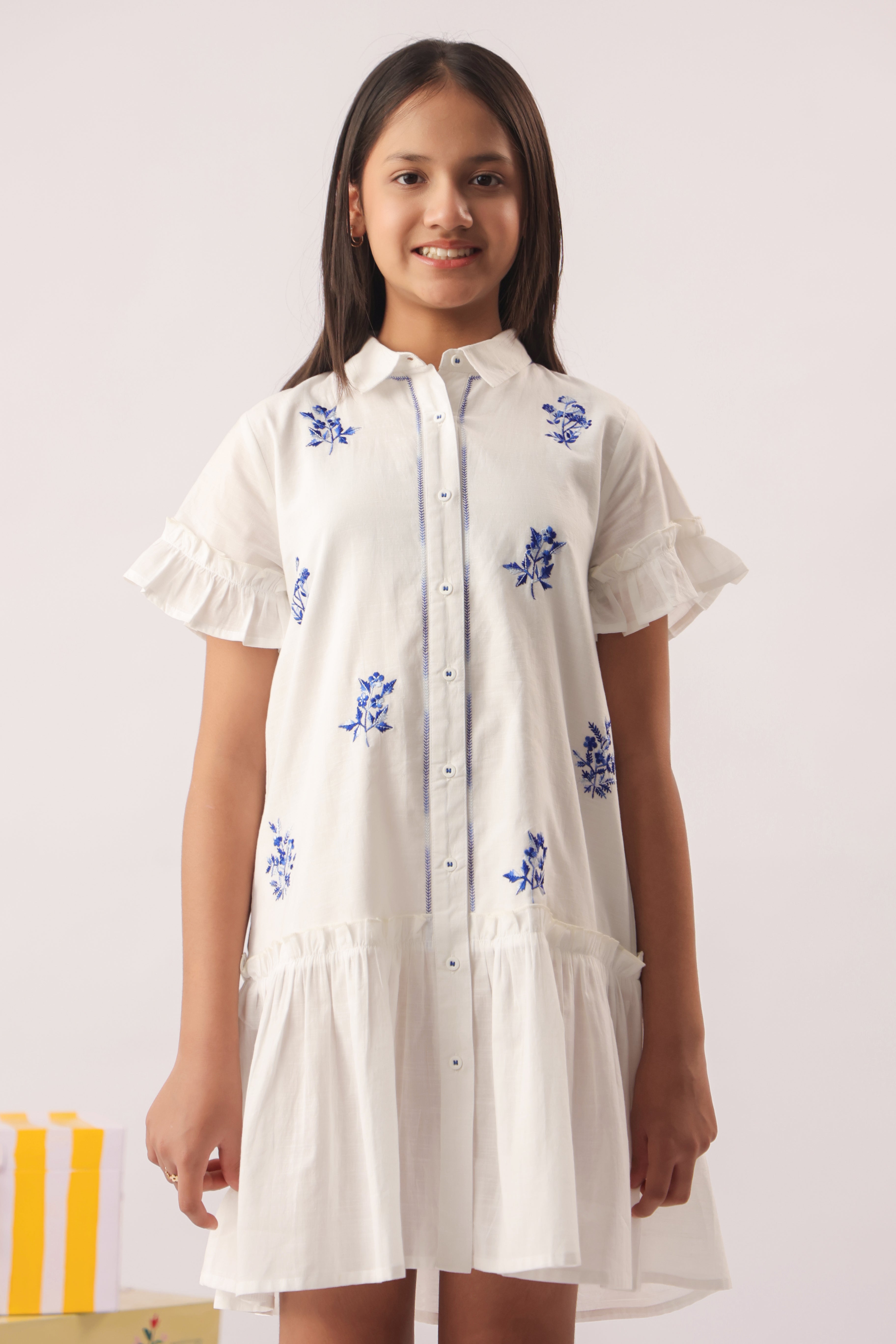 White Blue Embroidered Shirt Dress for Girls