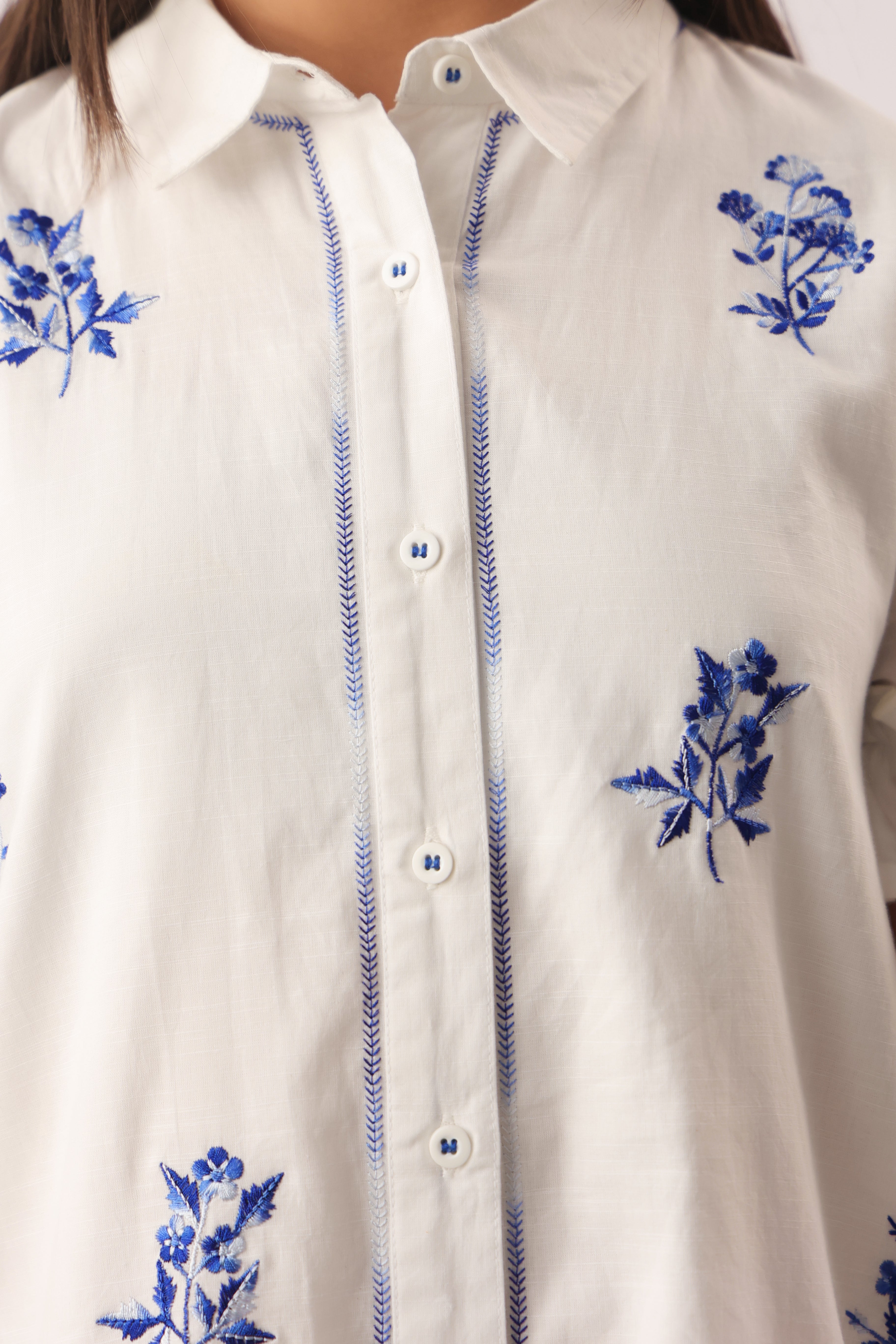 White Blue Embroidered Shirt Dress for Girls