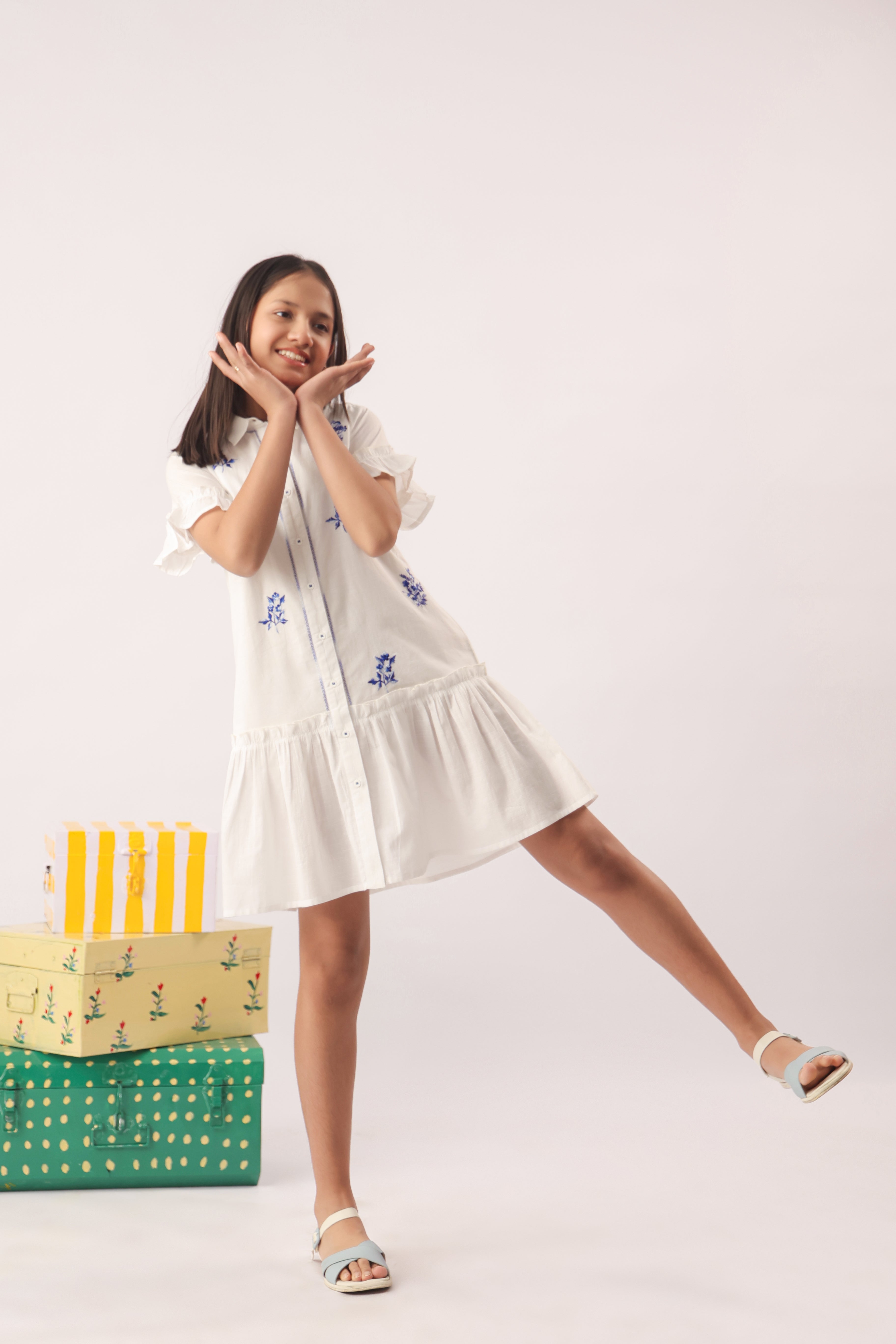 White Blue Embroidered Shirt Dress for Girls