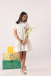 White Blue Embroidered Shirt Dress for Girls
