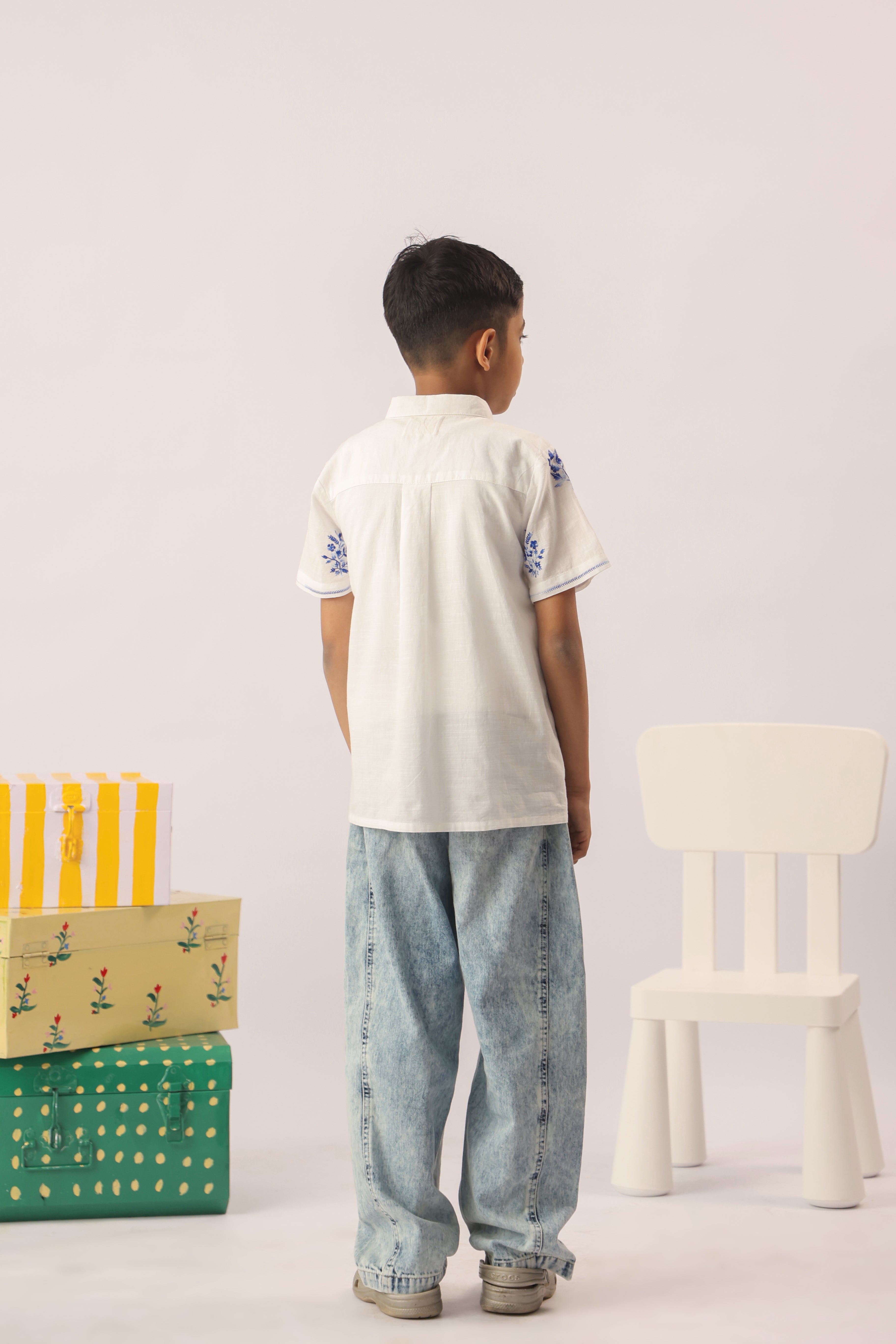 White Blue Embroidered Cotton Shirt for Boys