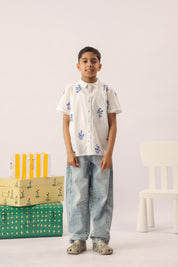 White Blue Embroidered Cotton Shirt for Boys