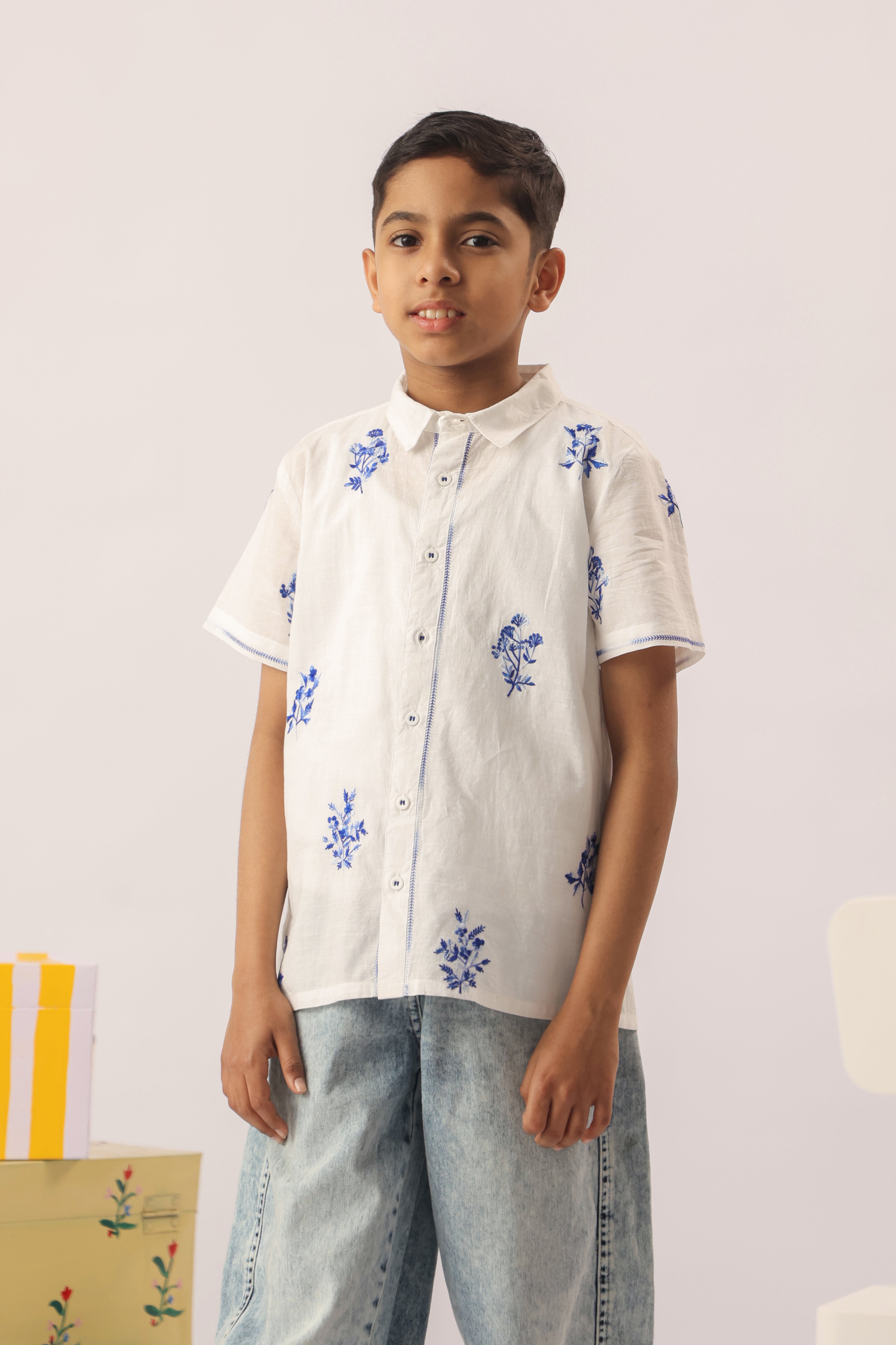 White Blue Embroidered Cotton Shirt for Boys