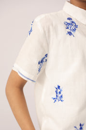 White Blue Embroidered Cotton Shirt for Boys