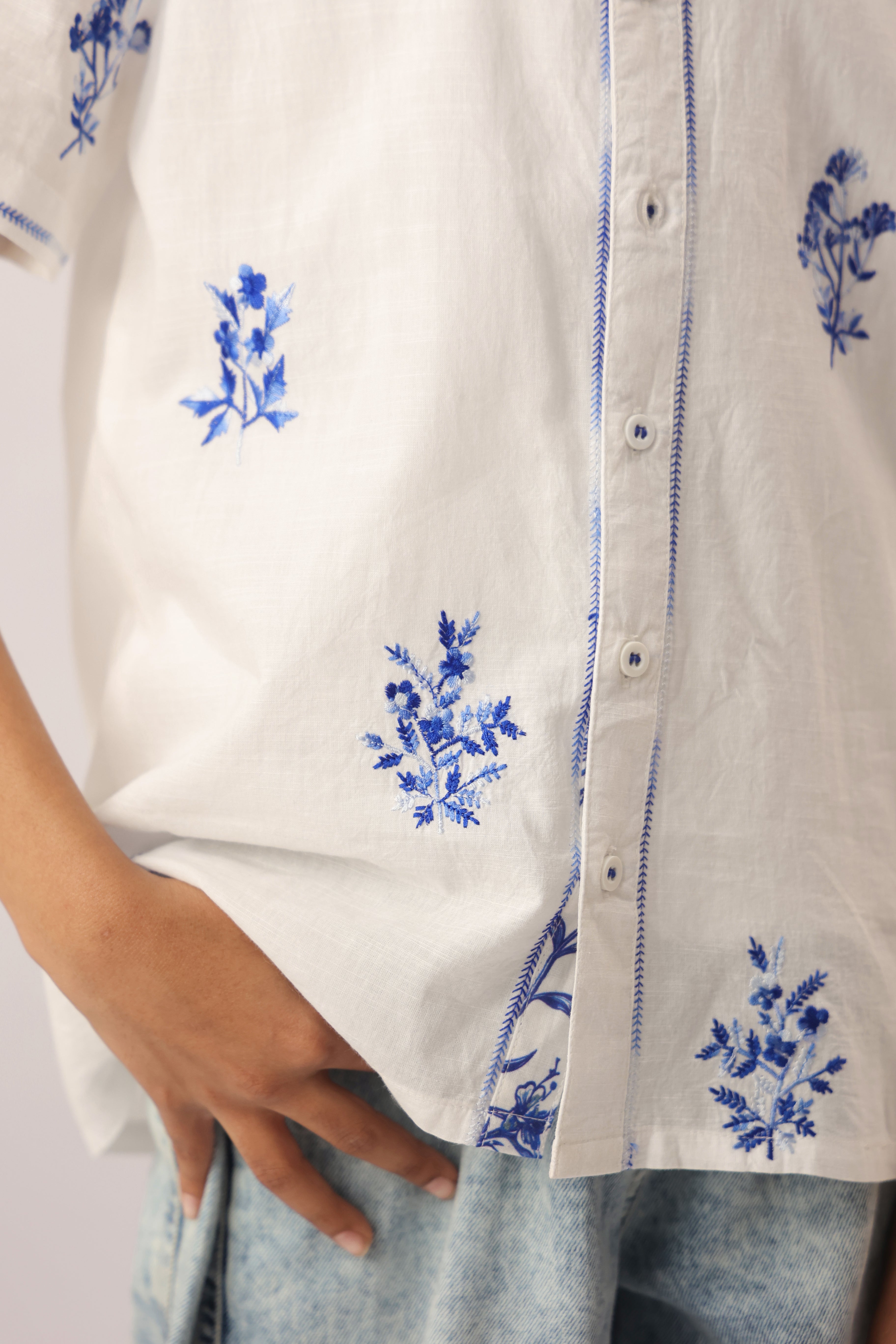 White Blue Embroidered Cotton Shirt for Boys