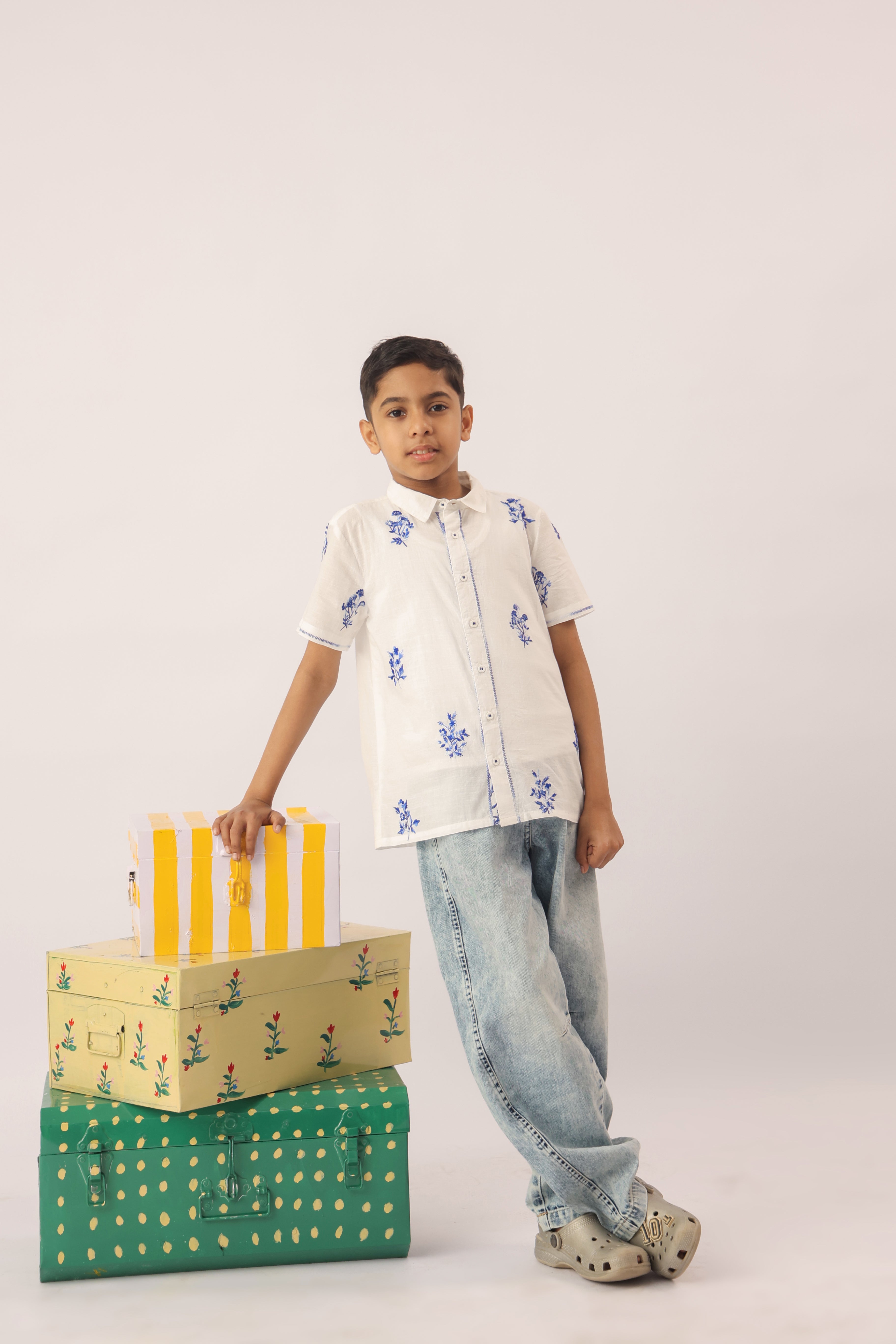 White Blue Embroidered Cotton Shirt for Boys