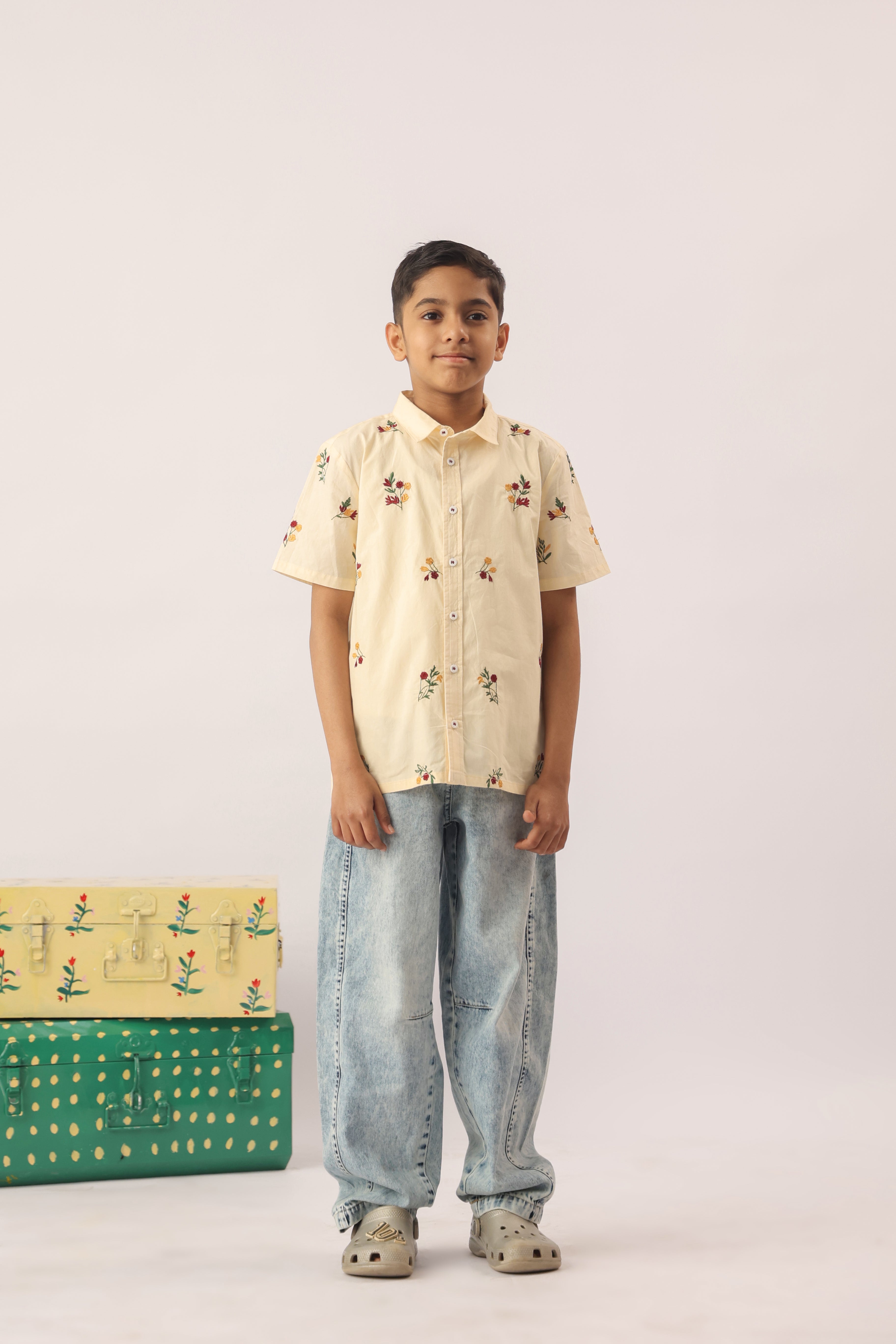 Butter Yellow Floral Embroidered Shirt for Boys