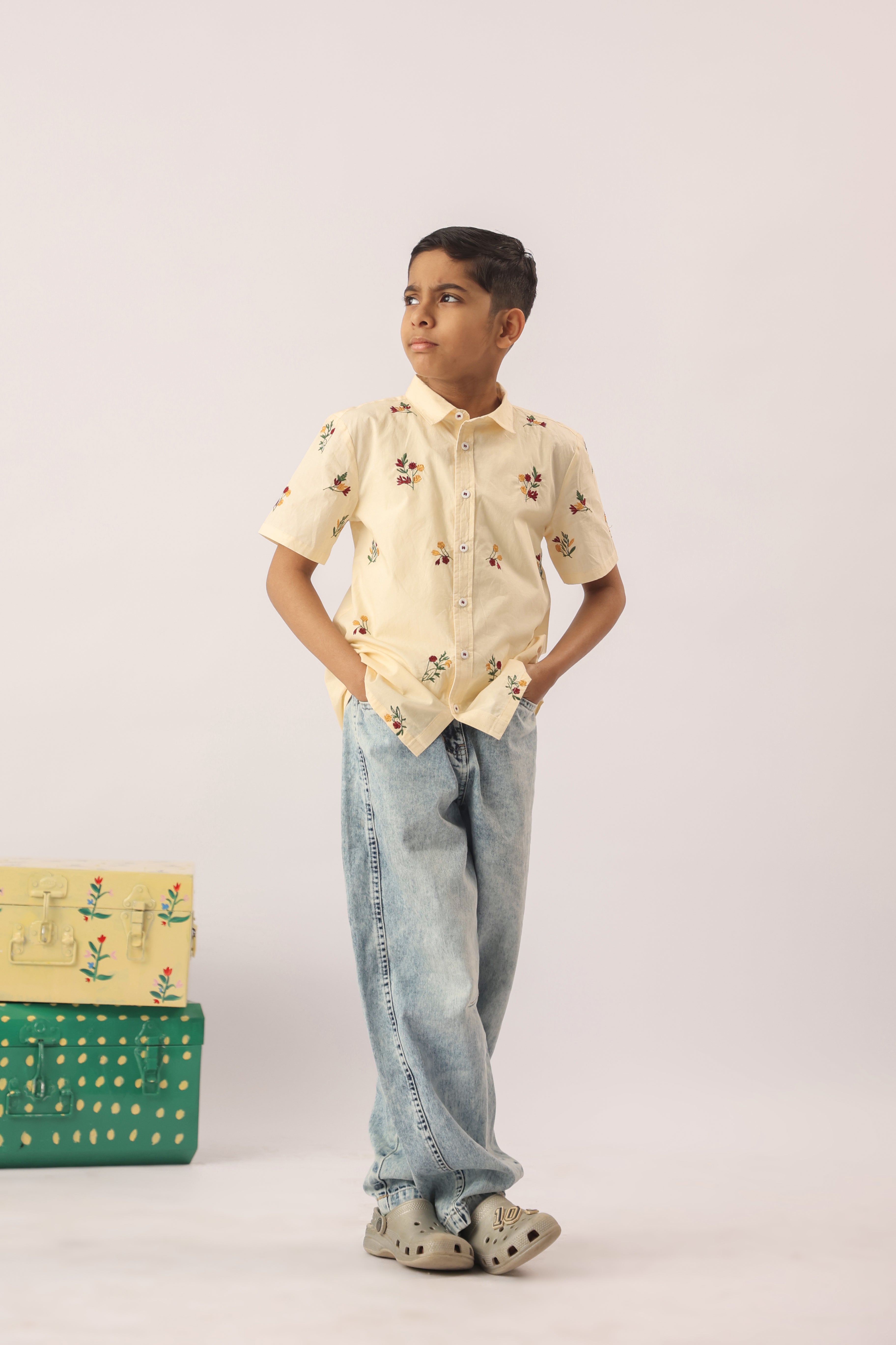 Butter Yellow Floral Embroidered Shirt for Boys