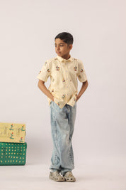 Butter Yellow Floral Embroidered Shirt for Boys
