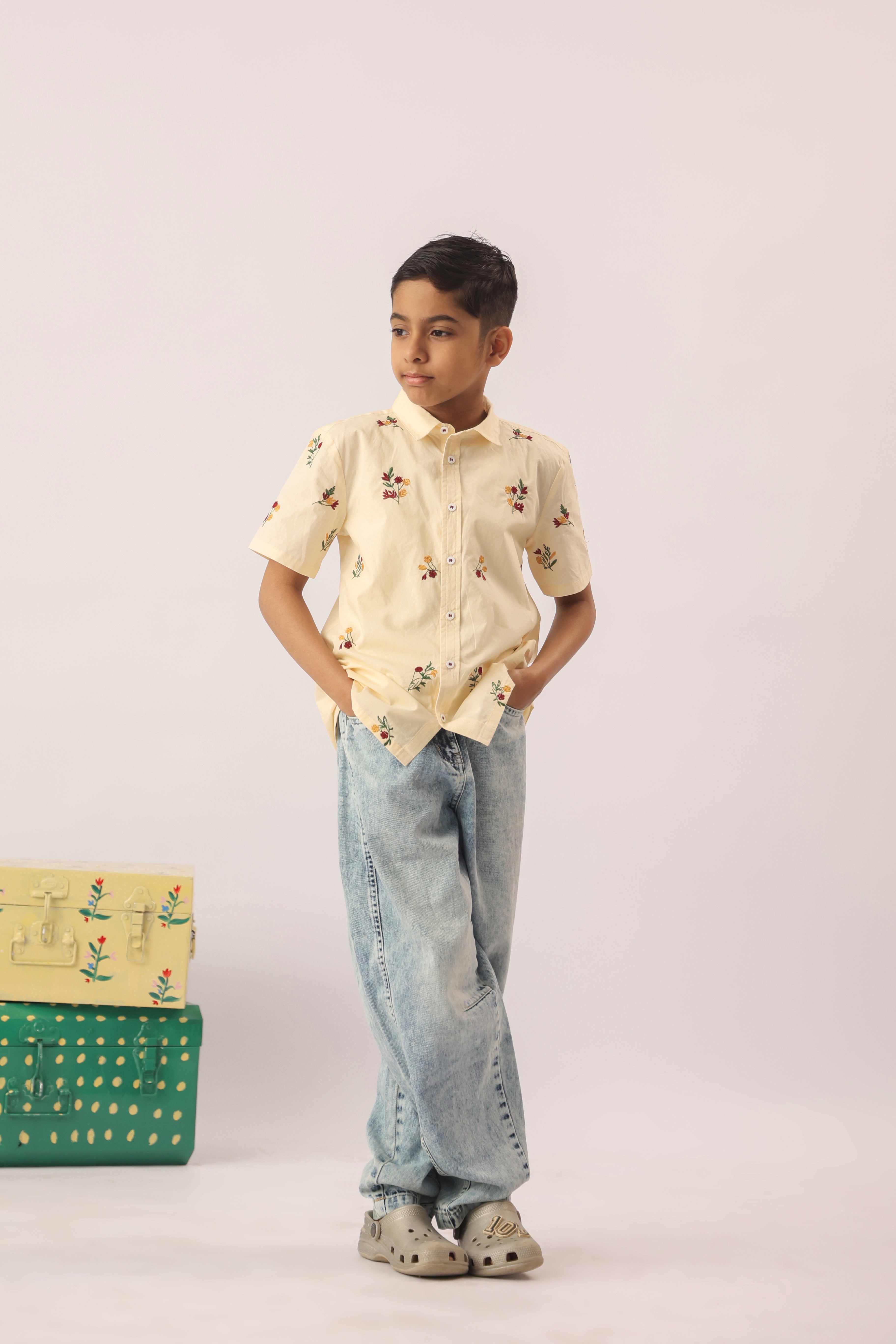 Butter Yellow Floral Embroidered Shirt for Boys